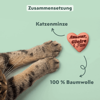 Hand hält das Ziggy Herz-Plüschtier "Amour Gloire & Pâtée" – Kuscheltier für Katzen