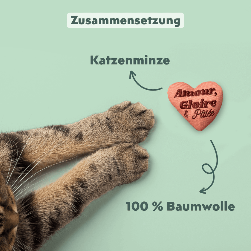Hand hält das Ziggy Herz-Plüschtier "Amour Gloire & Pâtée" – Kuscheltier für Katzen