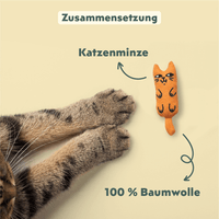 Hand hält das Ziggy Maskottchen-Plüschtier – Kuscheltier für Katzen
