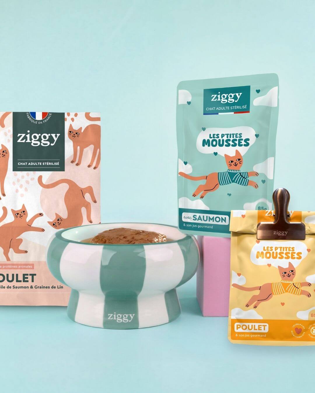 Contenu du Coffret Ronrons Party Ziggy pour chat adulte stérilisé : croquettes, mousses et pâtées