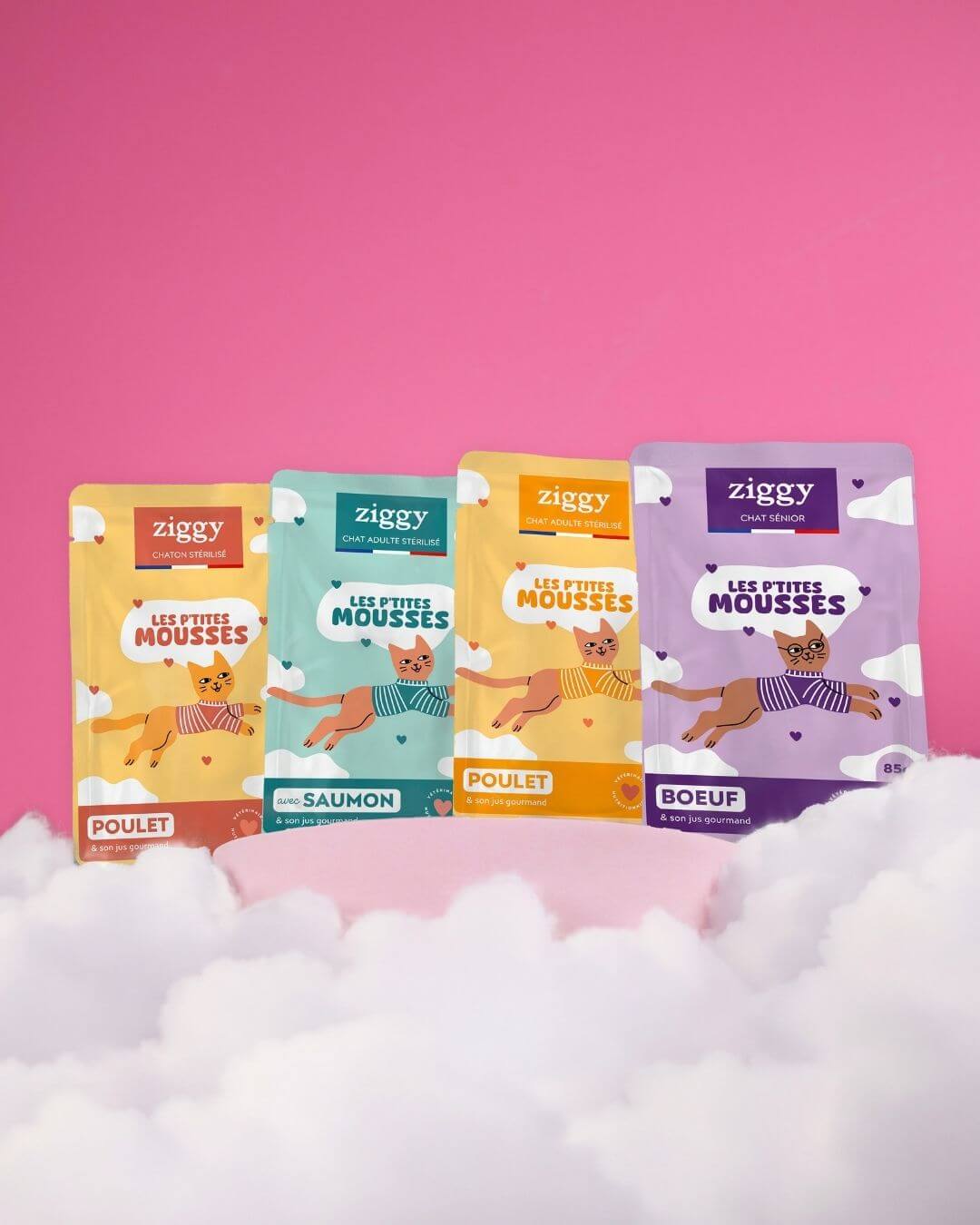 Gamme des mousses Ziggy : quatre sachets alignés, dont celui au saumon pour chat stérilisé