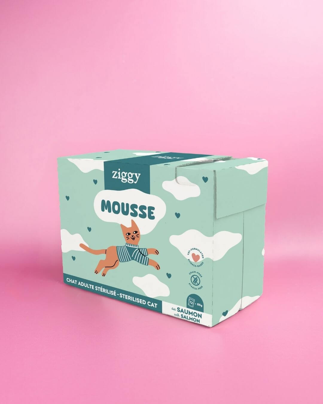Carton de 12 sachets de mousse Ziggy pour chat stérilisé sans céréales au saumon