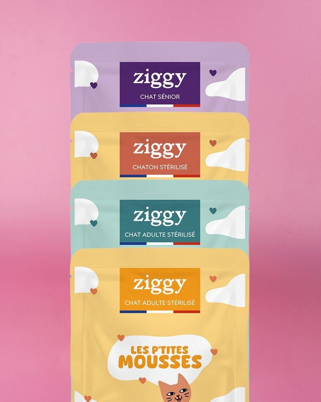 Pile de sachets de la gamme de mousses Ziggy pour chat : bœuf, poulet et saumon, du chaton au senior
