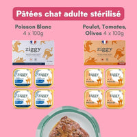 Les pâtées du Coffret Ronrons Party Ziggy : poisson blanc, et poulet, tomates, olives, pour chat adulte stérilisé