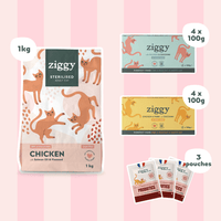 Ziggy Sterilized Chicken Pâté discovery box – variety pack of wet food pouches for cats