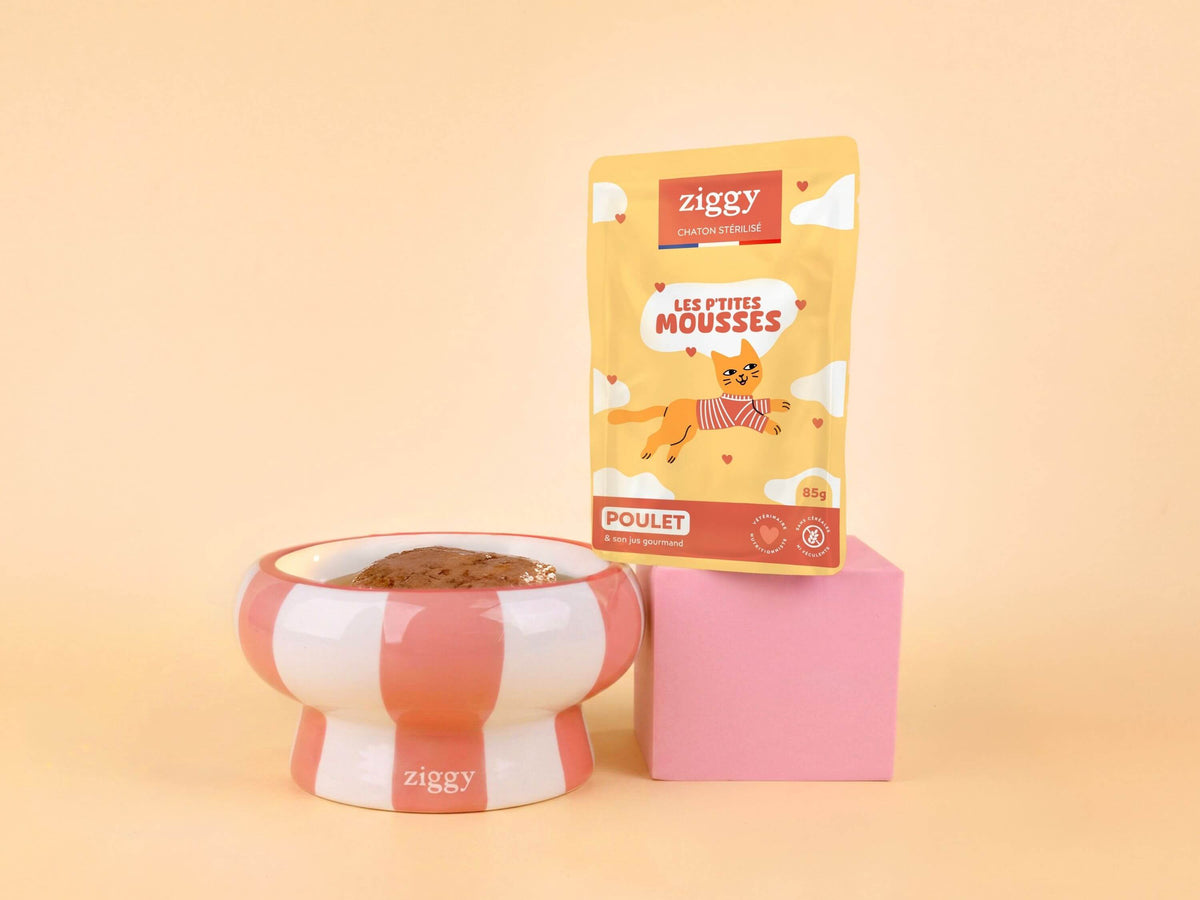 Mousse Ziggy pour chaton stérilisé au poulet : sachet de 85 g et gamelle de mousse