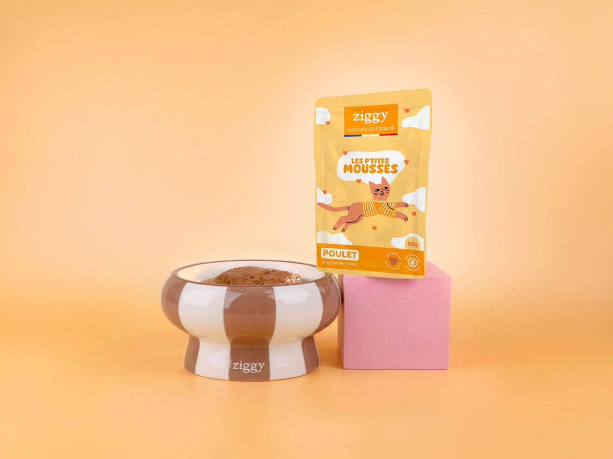 Mousse Ziggy chat stérilisé sans céréales au poulet : sachet de 85 g et gamelle de mousse fondante