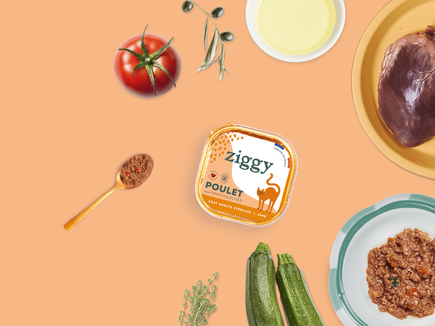 Composition des pâtées pour chat adulte stérilisé au poulet tomates et olives Ziggy