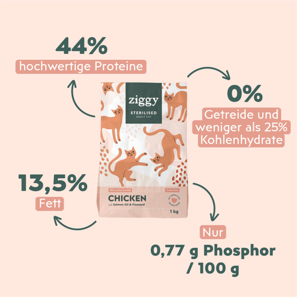 Sac de 1 kg de croquettes pour chat adulte stérilisé au poulet Ziggy avec description de la composition