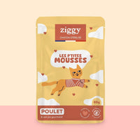 Sachet de mousse Ziggy pour chaton stérilisé sans céréales au poulet, 85 g, sur fond pêche