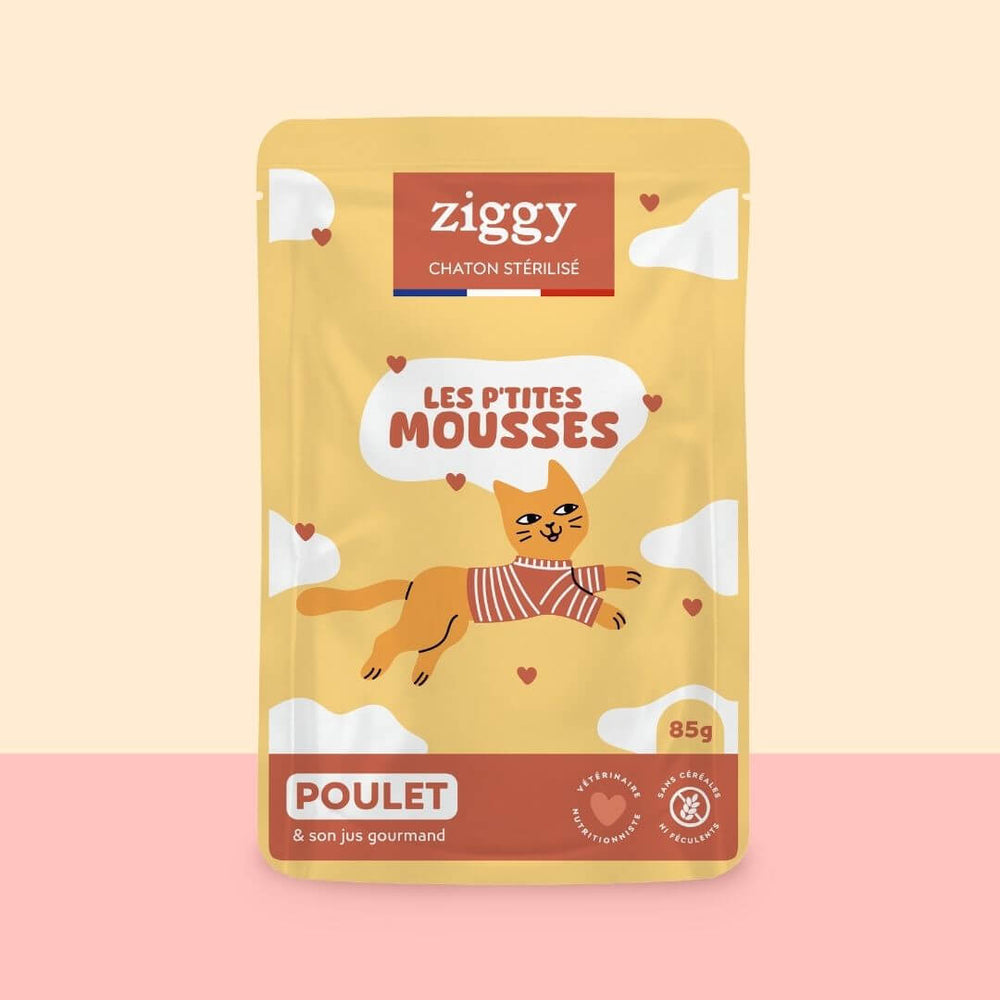 Sachet de mousse Ziggy pour chaton stérilisé sans céréales au poulet, 85 g, sur fond pêche