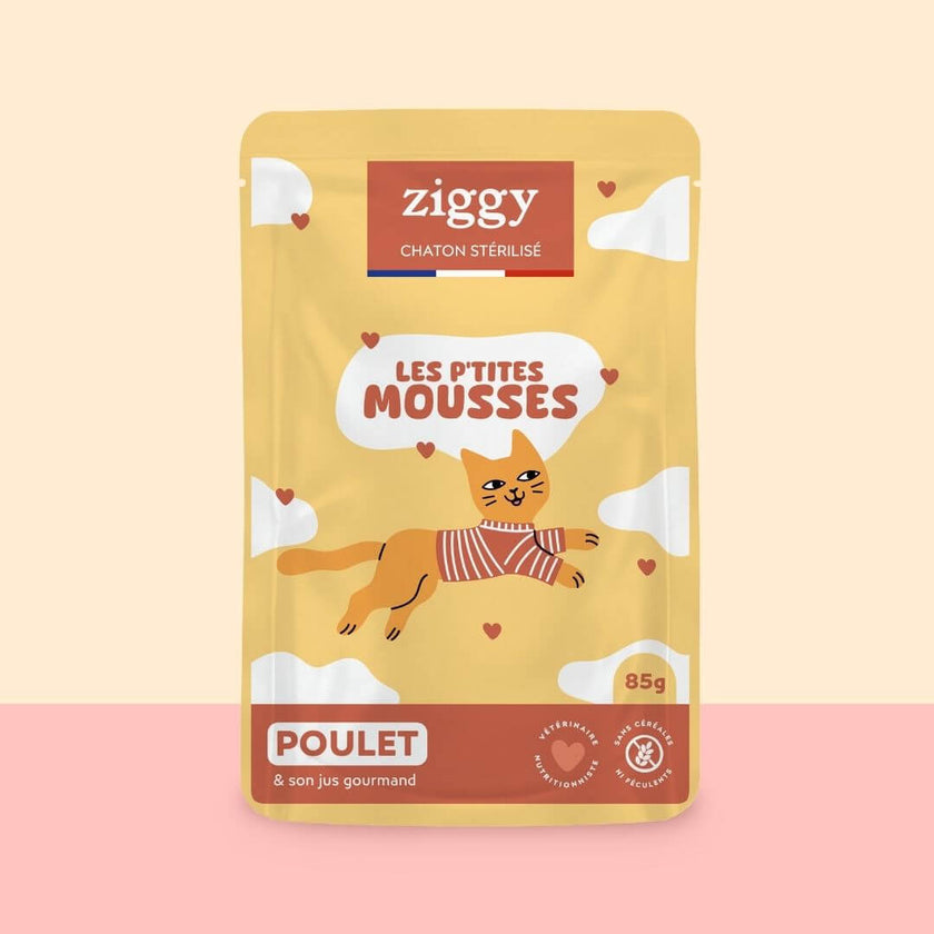 Ziggy grain-free mousse for sterilised kittens with chicken: front of the 85 g pouch