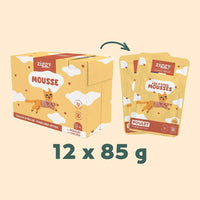 Box of 12 x 85 g pouches of Ziggy mousse for sterilised kittens with chicken, with one pouch in front