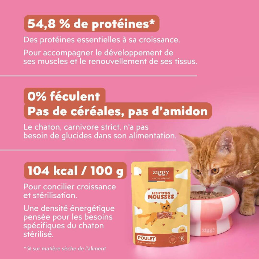 Mousse Ziggy chaton stérilisé au poulet : 54,8 % de protéines (matière sèche), 104 kcal pour 100 g et 0 féculent