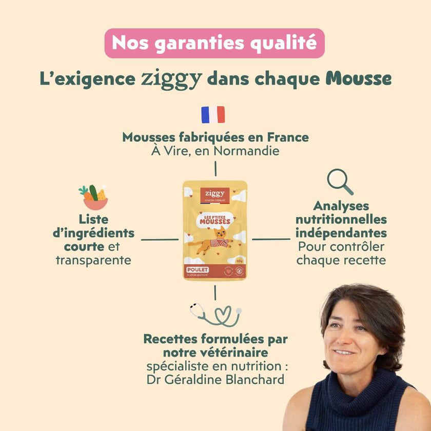 Garanties de la mousse Ziggy chaton stérilisé : fabriquée en France, formulée par une vétérinaire, analyses indépendantes