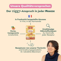 Garantien der Ziggy Mousse für sterilisierte Kätzchen: Made in France, von Tierärztin entwickelt, unabhängige Analysen