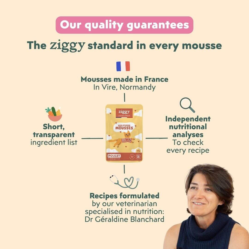 Ziggy mousse for sterilised kittens guarantees: made in France, formulated by a veterinarian, independent analyses