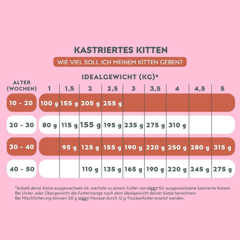 Tabelle der täglichen Futtermenge der Ziggy Mousse für sterilisierte Kätzchen, nach Alter in Wochen