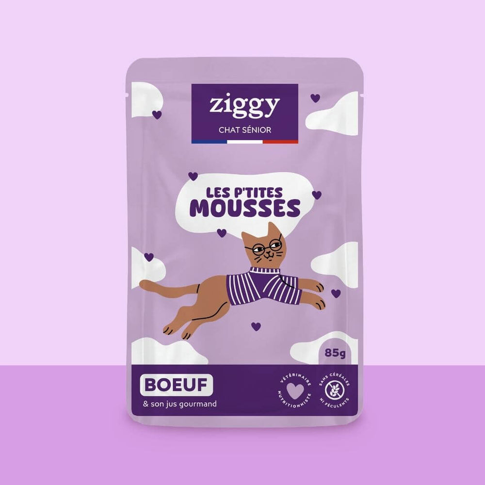 Sachet de mousse Ziggy pour chat senior sans céréales au bœuf, 85 g, sur fond violet
