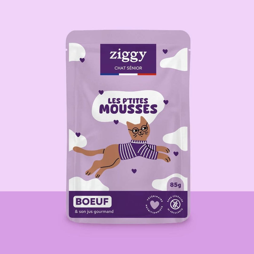Sachet de mousse Ziggy pour chat senior sans céréales au bœuf, 85 g, sur fond violet