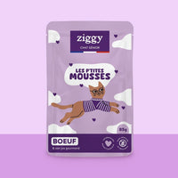 Ziggy Mousse für Senior-Katzen, getreidefrei, mit Rind: Vorderseite des 85-g-Beutels