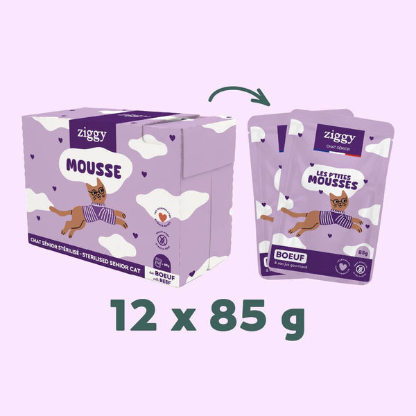 Sachet de mousse Ziggy pour chat senior sans céréales au bœuf, 85 g, sur fond violet
