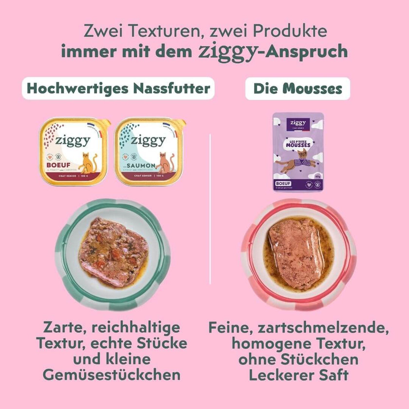 Zwei Texturen von Ziggy für Senior-Katzen: Nassfutter mit echten Stücken und feine, zartschmelzende Mousse mit Soße