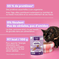 Mousse Ziggy chat senior au bœuf : 55 % de protéines (matière sèche), 97 kcal pour 100 g et 0 féculent