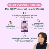 Qualitätsgarantien der Ziggy Mousse mit Rind: hergestellt in Frankreich, von Tierärztin entwickelt, unabhängige Analysen