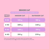 Daily feeding guide for Ziggy mousse for senior cats with beef, by ideal weight and lifestyle