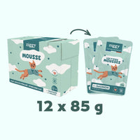 Box of 12 x 85 g pouches of Ziggy mousse for sterilised cats with salmon, with one pouch in front