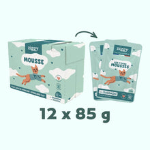 Box of 12 x 85 g pouches of Ziggy mousse for sterilised cats with salmon, with one pouch in front
