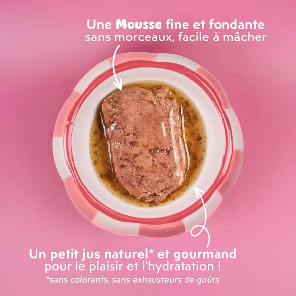 Texture fine et fondante de la mousse Ziggy pour chat stérilisé au saumon, vue du dessus, avec son petit jus