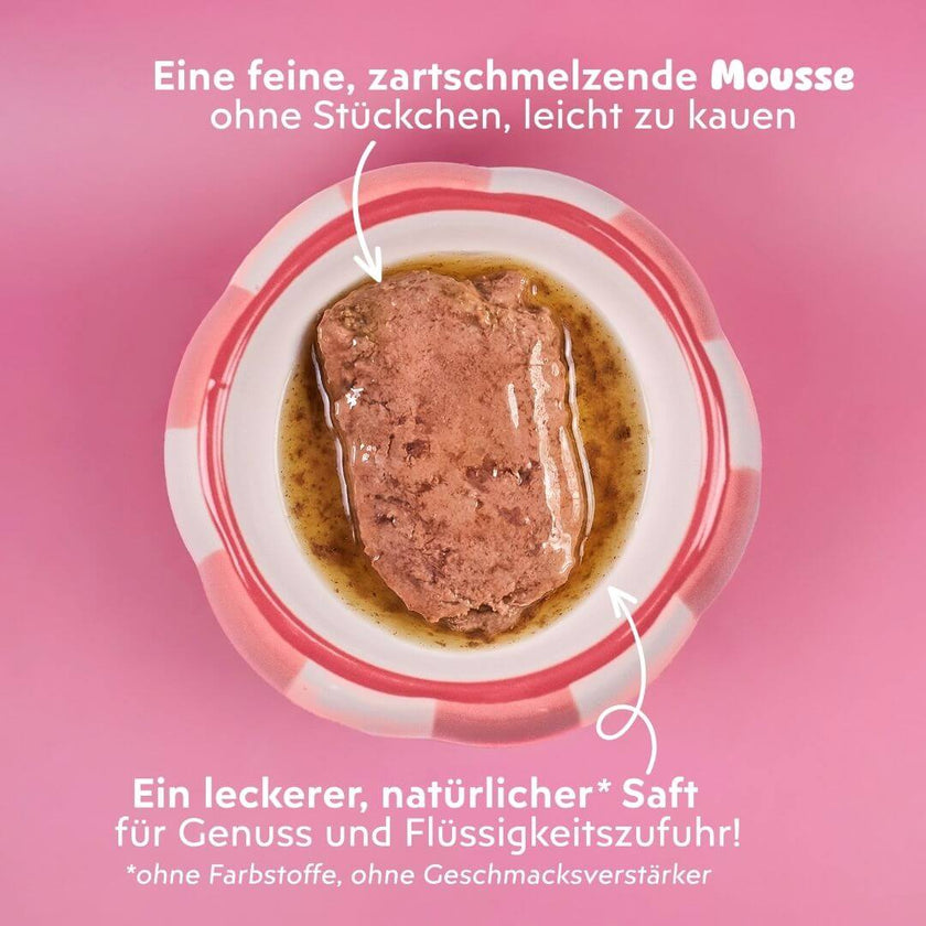 Feine, zartschmelzende Textur der Ziggy Mousse für sterilisierte Katzen mit Lachs, von oben im Napf, mit Soße