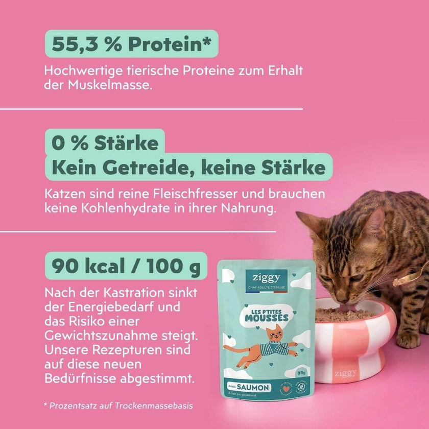Ziggy Mousse für sterilisierte Katzen mit Lachs: 55,3 % Protein (Trockenmasse), 90 kcal pro 100 g und 0 % Stärke