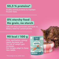Ziggy mousse for sterilised cats with salmon: 55.3% protein (dry matter), 90 kcal per 100 g and 0% starch