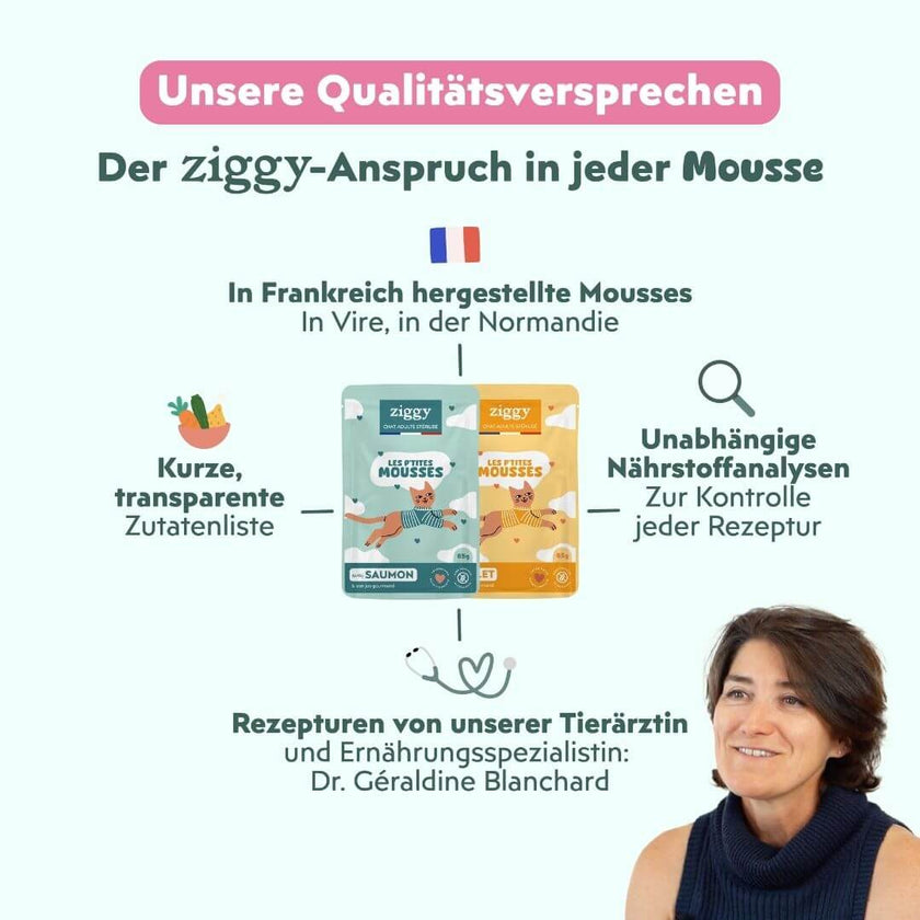 Qualitätsgarantien der Ziggy Mousse mit Lachs: hergestellt in Frankreich, von Tierärztin entwickelt, unabhängige Analysen