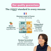 Ziggy mousse with salmon guarantees: made in France, formulated by a veterinarian, independent analyses