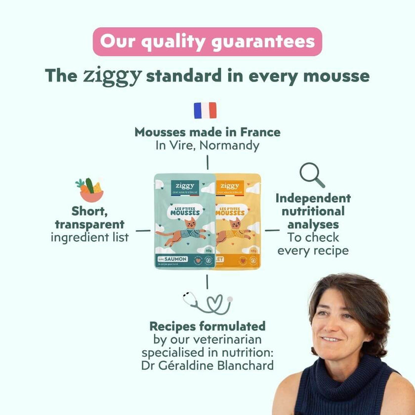 Ziggy mousse with salmon guarantees: made in France, formulated by a veterinarian, independent analyses
