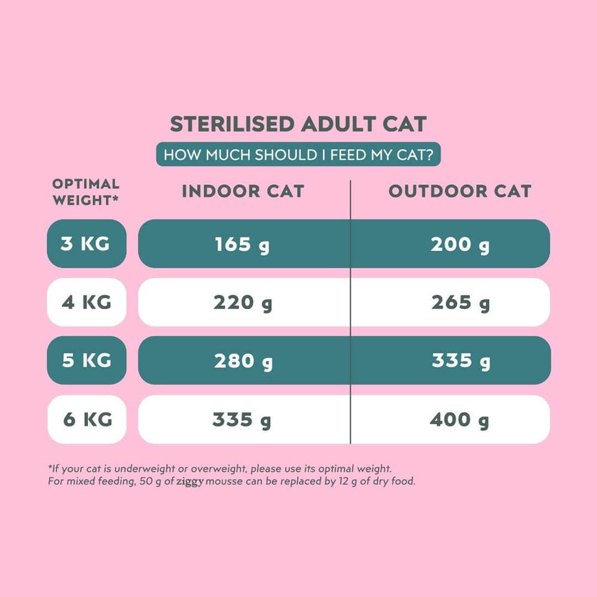 Daily feeding guide for Ziggy mousse for sterilised cats with salmon, by ideal weight and lifestyle