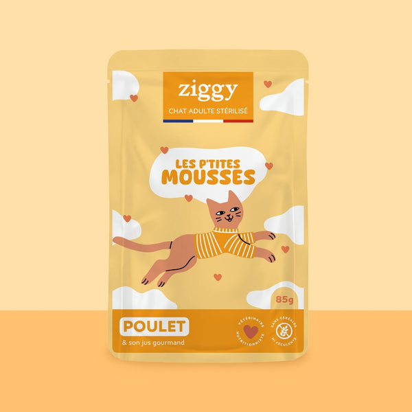 Mousse Ziggy pour chat stérilisé sans céréales au poulet : face avant du sachet de 85 g
