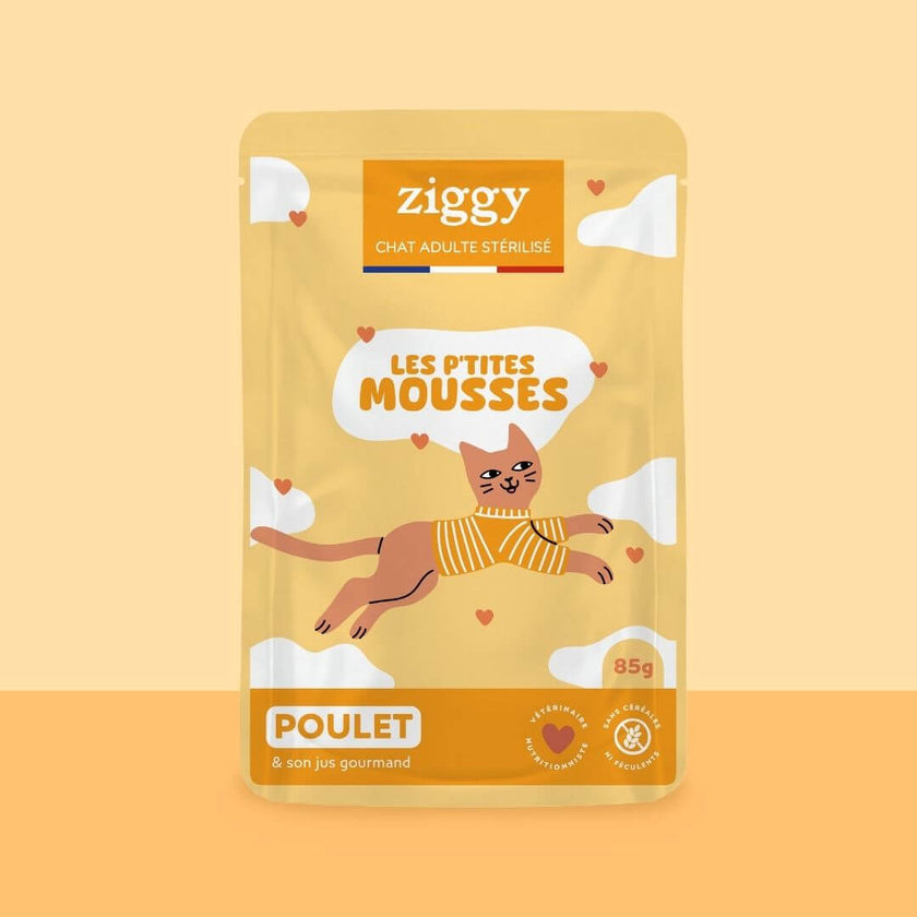 Ziggy Mousse für sterilisierte Katzen, getreidefrei, mit Huhn: Vorderseite des 85-g-Beutels