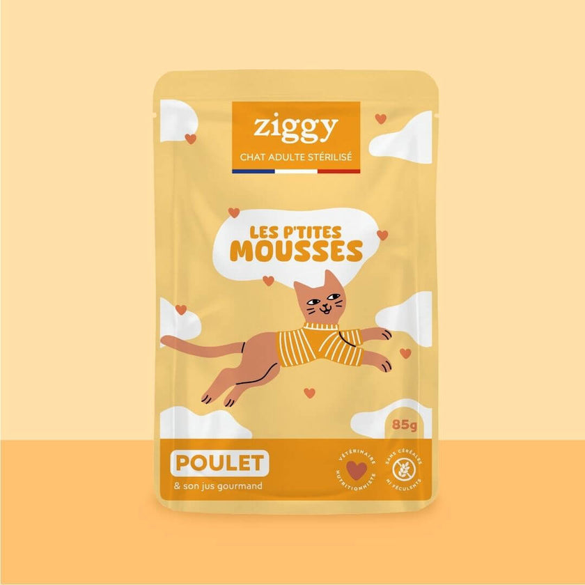 Ziggy grain-free mousse for sterilised cats with chicken: front of the 85 g pouch