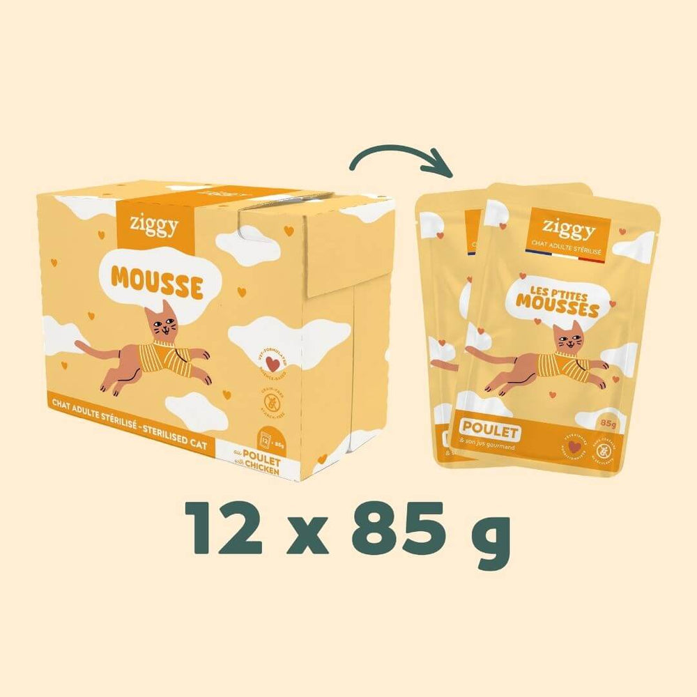 Mousse Ziggy pour chat stérilisé sans céréales au poulet : face avant du sachet de 85 g