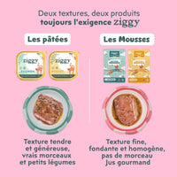 Deux textures Ziggy pour chat stérilisé : pâtée avec de vrais morceaux et mousse fine et fondante avec son petit jus