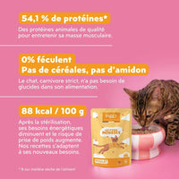 Mousse Ziggy chat stérilisé au poulet : 54,1 % de protéines (matière sèche), 88 kcal pour 100 g et 0 féculent