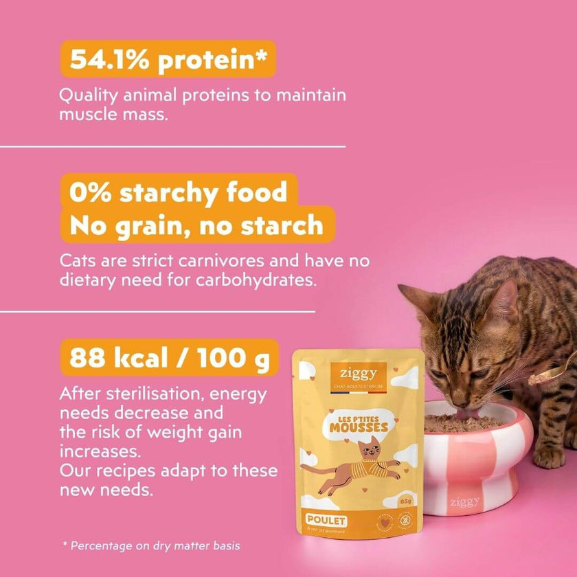 Ziggy mousse for sterilised cats with chicken: 54.1% protein (dry matter), 88 kcal per 100 g and 0% starch
