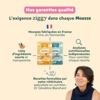 Garanties de la mousse Ziggy chat stérilisé : fabriquée en France, formulée par une vétérinaire, analyses indépendantes