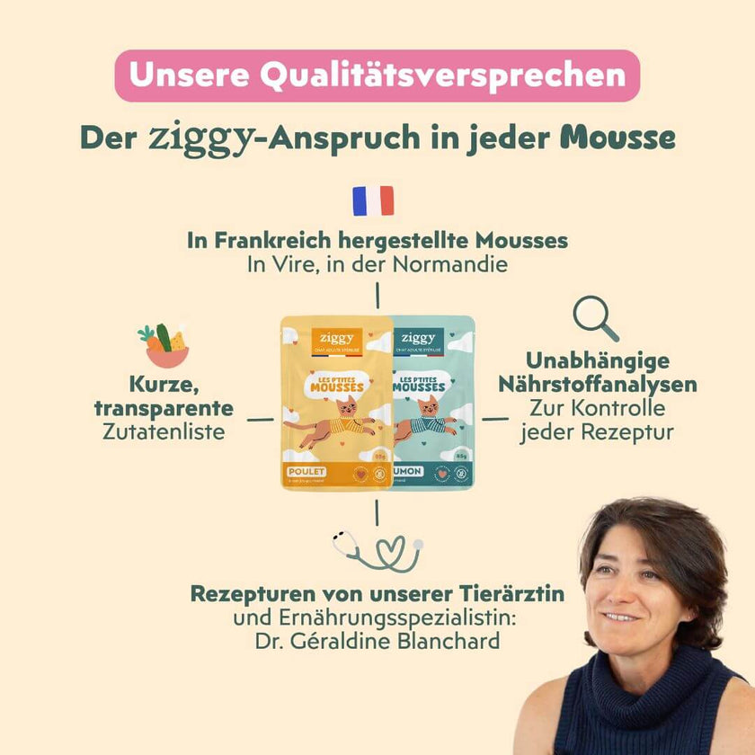 Qualitätsgarantien der Ziggy Mousse mit Huhn: hergestellt in Frankreich, von Tierärztin entwickelt, unabhängige Analysen
