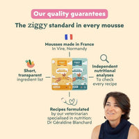 Ziggy mousse with chicken guarantees: made in France, formulated by a veterinarian, independent analyses